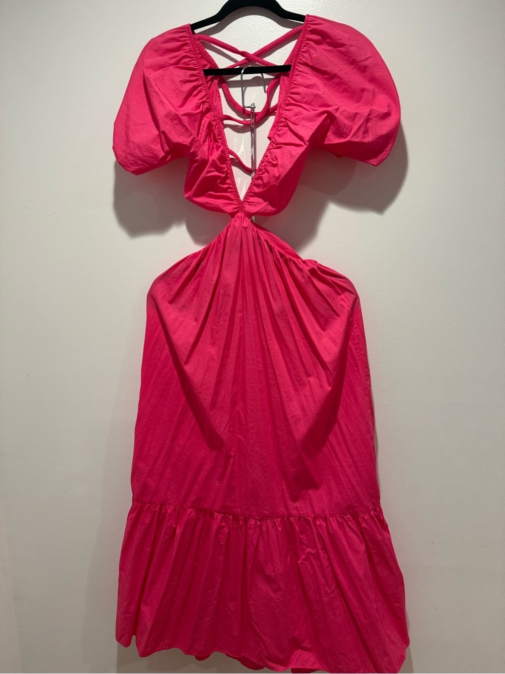 Hot Pink Cutout Maxi Dress with Puff Sleeves